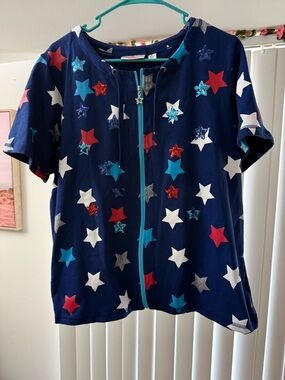 Quacker Factory Patriotic Zip Up Short Sleeve Star Shirt Sequin Size L Red Blue